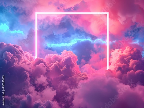 3D render, glowing neon square frame in the clouds 