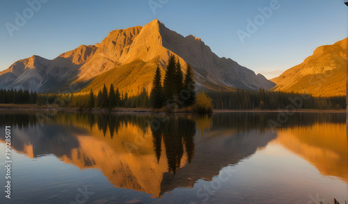 Sunrise on Mount Lawrence Grassi with golden leaves reflection on Rundle Forebay reservoir at Canmore photo