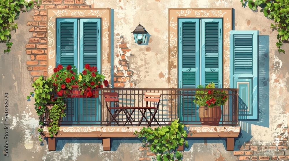 An old vintage palace balcony with a gate and a fence. A classic europe house with brick walls and vines near the wooden windows. Summer greek terrace with handrail and armchair.
