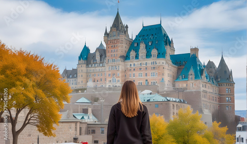 Quebec City with Chateau Frontenac and woman photo