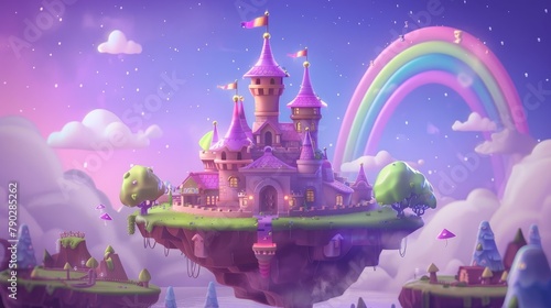 Modern illustration of a purple fantasy sky with floating islands and a magic castle. Modern background for mobile rpg game with medieval princess mansion with rainbow landscape on a flying platform.