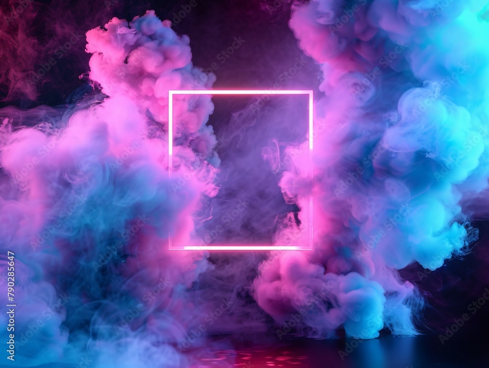 Naklejka premium 3D render, glowing neon square frame in the clouds