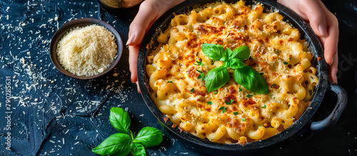 hands of cook serving a Macaroni and Cheese: A comfort food favorite in the United States, macaroni and cheese is a creamy and cheesy pasta dish made with elbow macaroni and a blend of melted cheeses