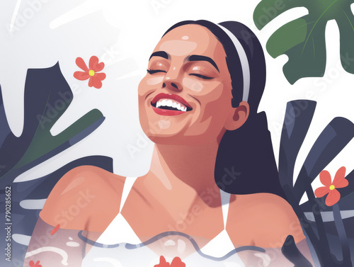 An illustration of a joyful young woman in swimwear laughing  surrounded by tropical foliage.