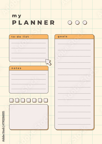 Retro style planner templates. Weekly, monthly and yearly planners. To do list, notes, goal planner and habit tracker pages design. Month organizer scrapbook schedule isolated vector. White background