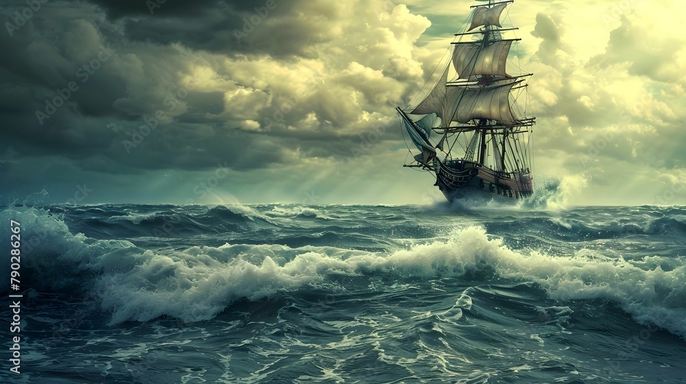 Sail boat antique on the ocean Sail boat antique on the ocean