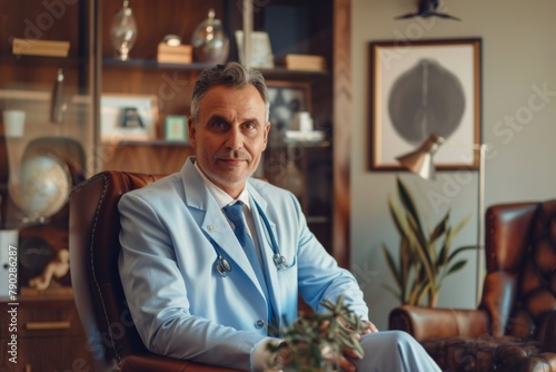 A mature male psychiatrist in a tailored suit and blue medical coat, his demeanor calm and understanding, with a tastefully decorated office setting photo