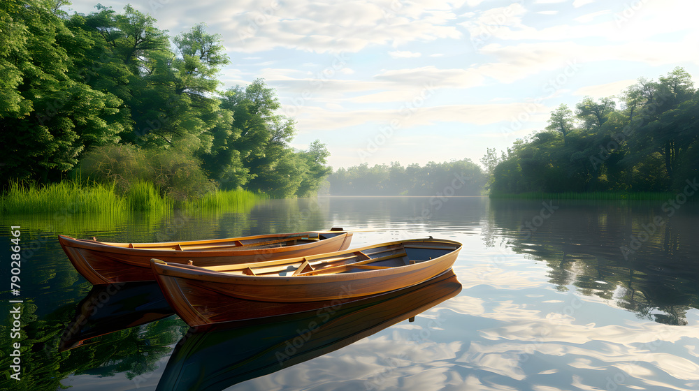Idyllic Serenity: Punt Boats gently Floating on a Tranquil Lake Surrounded by Nature's Beauty