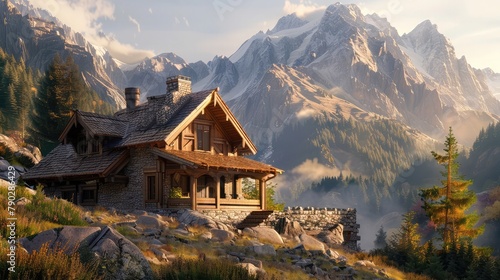 A picturesque mountain chalet nestled amidst towering peaks, its wooden beams and stone chimney blending seamlessly with the rugged terrain. As the first light of dawn filters through the trees