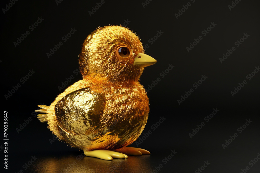 Obraz premium Golden Easter chick with shiny gold texture, isolated on black.