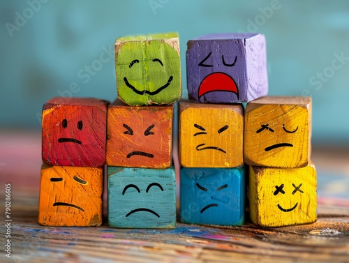 Assortment of colored wooden block cubes, each hue reflecting a unique emotional state, fostering emotional health , graphic desigh photo