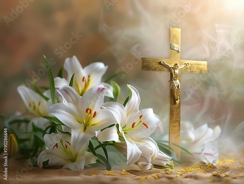 Elegant gold cross cradled by white lilies, a serene composition of spirituality and beauty , graphic desigh photo