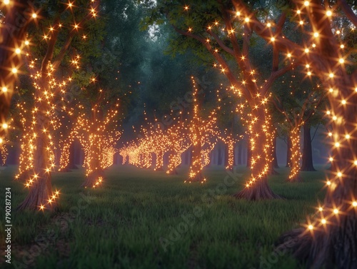 A forest with trees lit up with lights. The lights are arranged in a way that they look like they are twinkling. Scene is warm and inviting, and it gives off a sense of magic and wonder