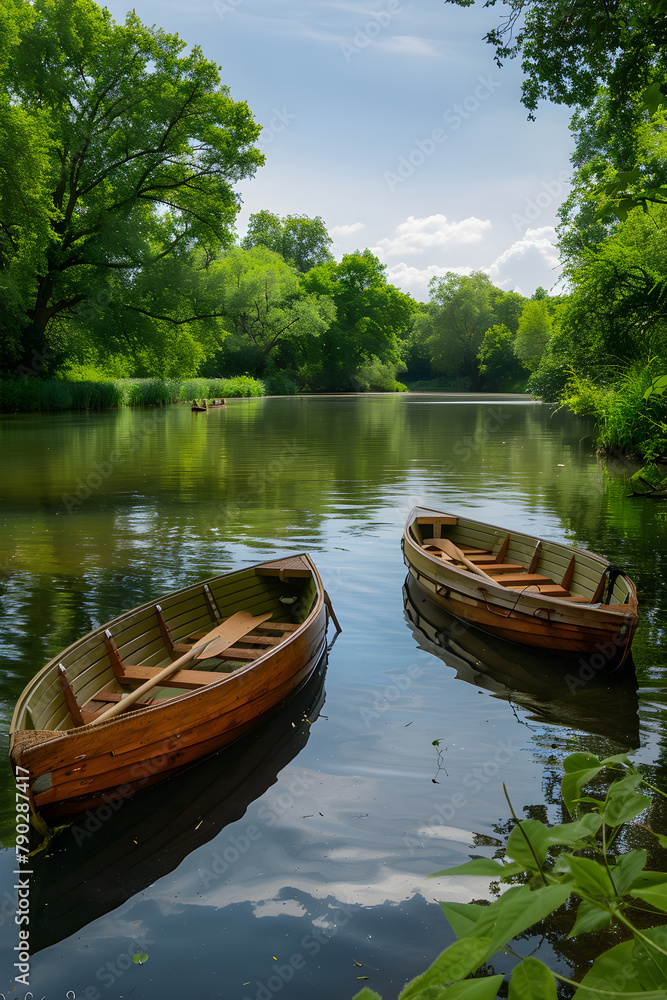 Idyllic Serenity: Punt Boats gently Floating on a Tranquil Lake Surrounded by Nature's Beauty