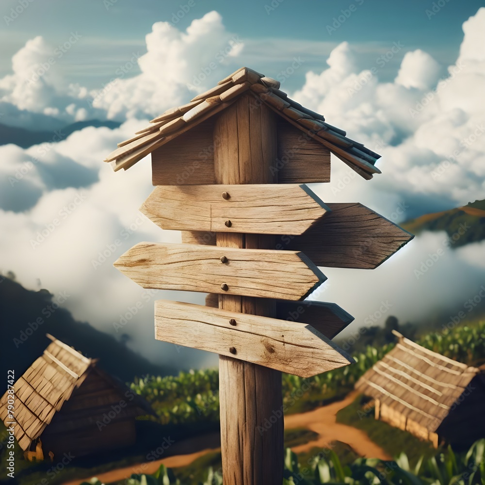 Wooden sign post isolated on village path with white clouds and mountain Direction concept. Mock up, template Wooden sign post isolated on village path with white clouds and mountain Direction concept. Mock up, template