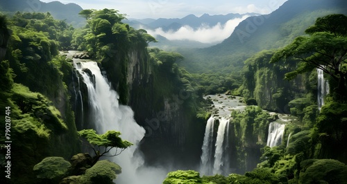 two waterfalls in the forest with green trees and clouds above