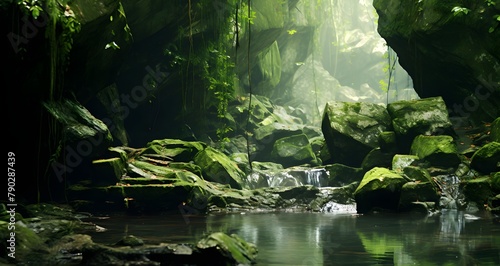 a green and black photo of a cave with water flowing out