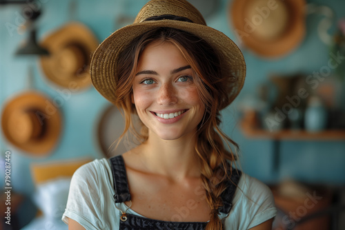 portrait of a smiling young woman in a hat, a farmer's daughter