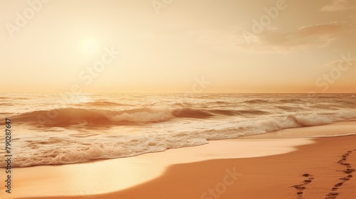 Tranquil beach scene at sunset, rendered in sepia, creating a warm and timeless atmosphere, with gentle waves and a clear horizon