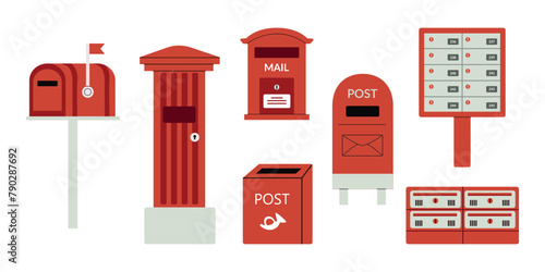 Mailboxes vector set. Postal mailing letterbox hanged on wall or pillar for delivery mailed letter. Vector illustration in hand drawn style. Delivery, message, communication concept. © Hanna Perelygina