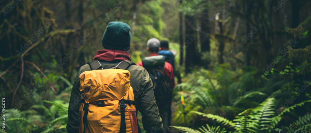 Group of hikers in trendy outdoor gear hiking through tall trees and lush foliage.
