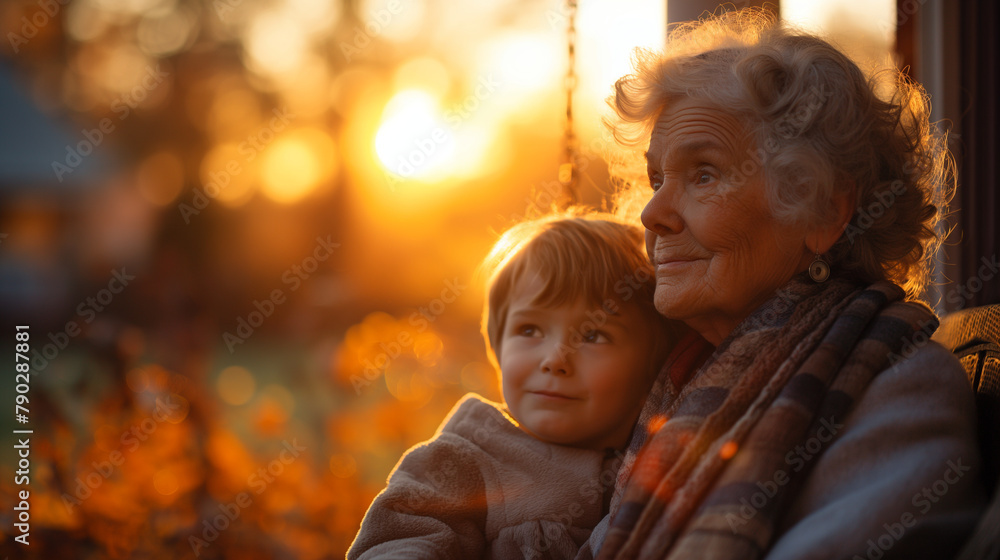 1. Generational Bond: A tender moment captured as a grandmother sits on a porch swing, gently rocking her grandchild while sharing stories of the past. In the background, the sun s 1. Generational Bond: A tender moment captured as a grandmother sits on a porch swing, gently rocking her grandchild while sharing stories of the past. In the background, the sun s