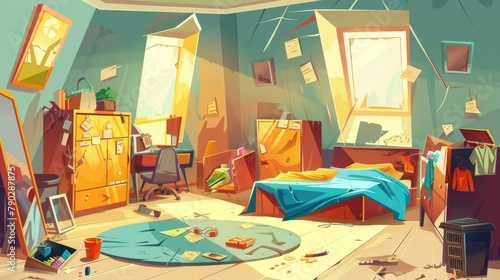 Attic of a house with a messy and abandoned teenage boy's bedroom with damaged furniture and accessories for active sports. Modern dirty junk room with a crashed bed and chair, garbage, and cobwebs. © Mark