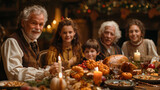 11. Holiday Traditions: Gathered around a festive table adorned with holiday decorations, grandparents, parents, and children join hands in prayer, giving thanks for the blessings