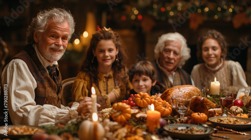 11. Holiday Traditions: Gathered around a festive table adorned with holiday decorations, grandparents, parents, and children join hands in prayer, giving thanks for the blessings