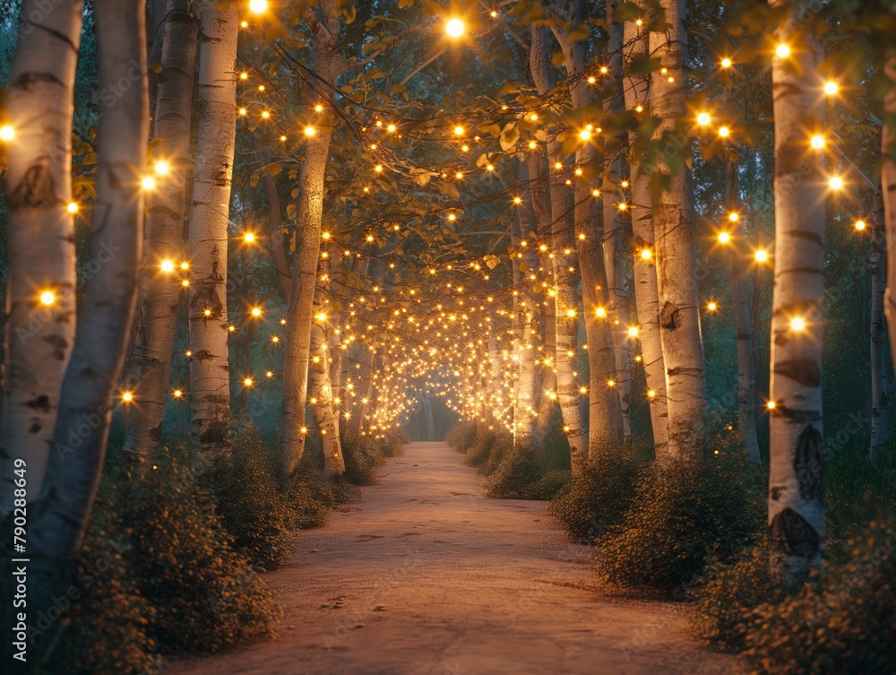A path of lights is lit up in a forest. The lights are twinkling and creating a warm, inviting atmosphere. The scene is peaceful and serene, with the lights casting a soft glow on the trees