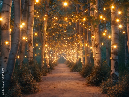 A path of lights is lit up in a forest. The lights are twinkling and creating a warm, inviting atmosphere. The scene is peaceful and serene, with the lights casting a soft glow on the trees