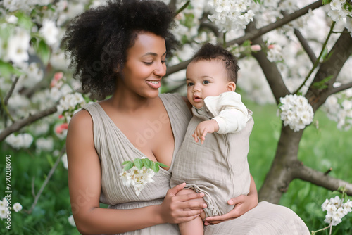 Fashion portrait black woman mother holds hugs newborn baby at spring blossom, Mother's Day concept.