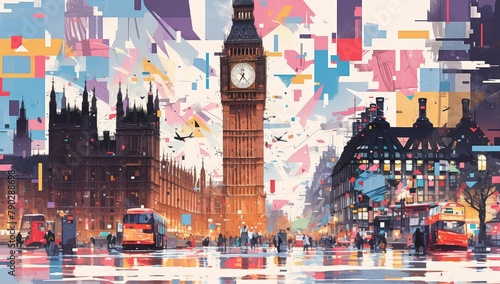 A vibrant collage of the London skyline, including Big Ben and distant buildings, rendered in bold colors with elements like street art photo