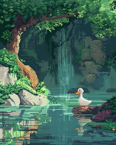 Produce a pixel art masterpiece showcasing a whimsical interpretation of a classic duck in a fantasy world, all from a unique wormseye view perspective photo