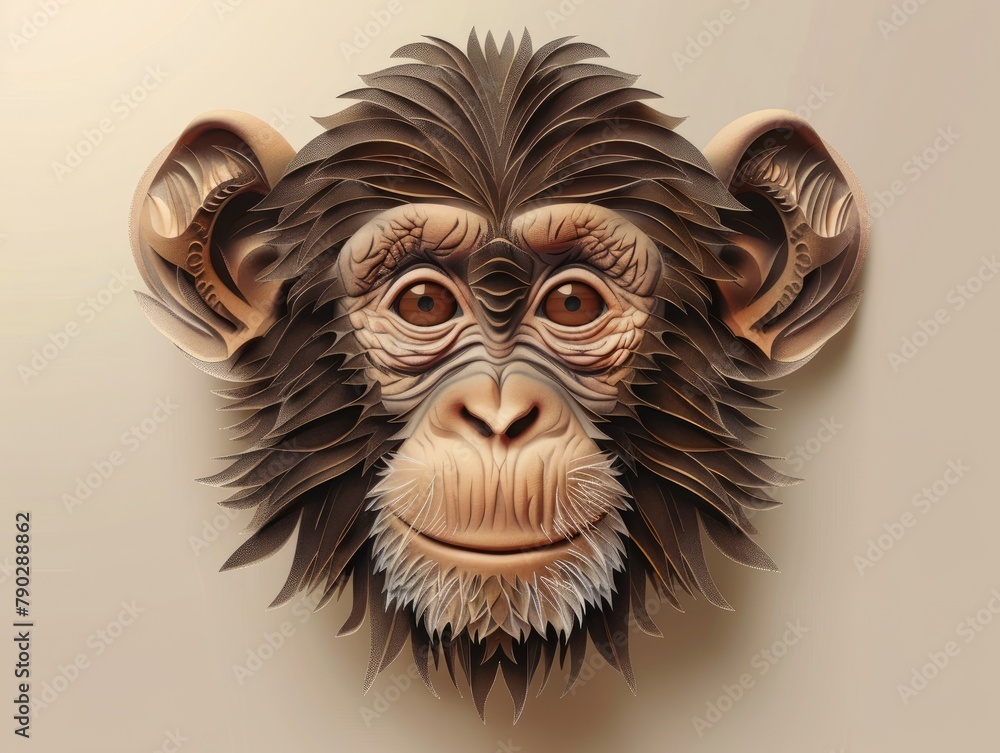 3D layered paper cut style illustration art of a baby monkey, facing forward with smilling