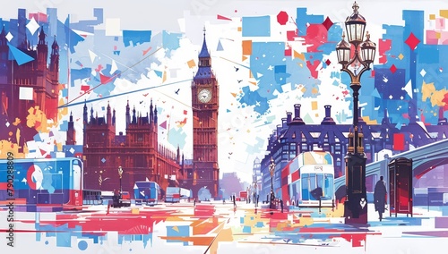 A vibrant collage of the London skyline, including Big Ben and distant buildings, rendered in bold colors with elements like street art