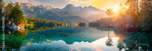 Impressive summer sunrise on Eibsee lake with Zugspitze mountain range. Sunny outdoor scene in German Alps, Bavaria, Germany, Europe. Beauty of nature concept background. © john