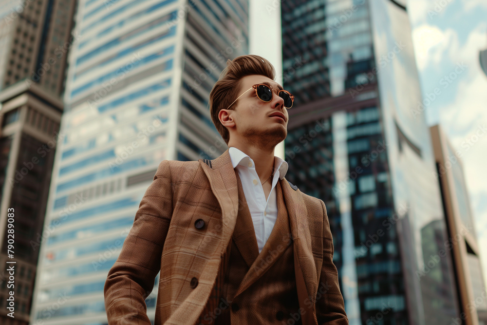 Fototapeta premium Luxurious fashionable young man in the city, copy space of a man wearing a suit and sunglasses stands in front of a tall building