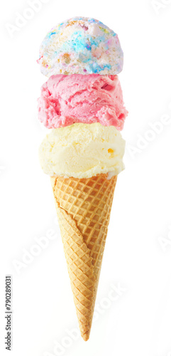 Triple scoop ice cream cone isolated on a white background. Birthday cake, strawberry and vanilla flavors in a waffle cone. Colorful pastels.