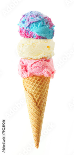 Triple scoop ice cream cone isolated on a white background. Cotton candy, vanilla, and strawberry flavors in a waffle cone. Colorful pastels.