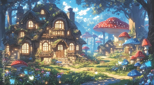 A whimsical fairy village nestled in the heart of an enchanted forest, where colorful mushrooms and glowing fireflies create magical light patterns among its leaves. 