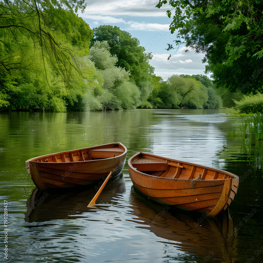 Idyllic Serenity: Punt Boats gently Floating on a Tranquil Lake Surrounded by Nature's Beauty