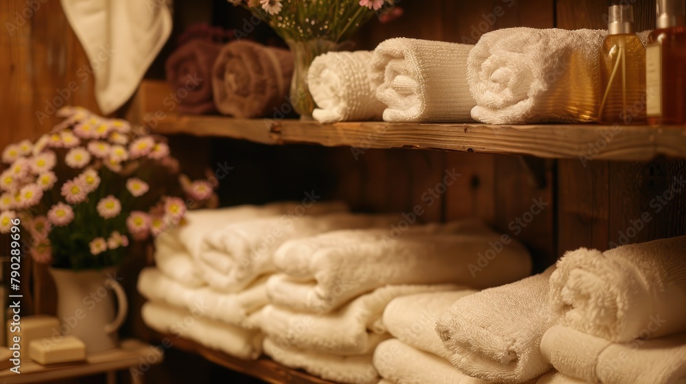 Soft towels and flowers arranged neatly on a wooden shelf inside Soft towels and flowers arranged neatly on a wooden shelf inside