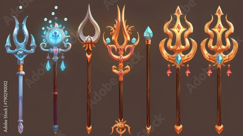 This fantasy pitchfork is made of wood and metal decorated with gem stones, reminiscent of Poseidon's magic trident used by Neptune. It is an icon for the game interface.