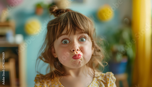 A young girl with blonde hair and a yellow dress is making a funny face