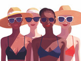 Four stylish women with sunglasses and hats at a sea coast illustration.