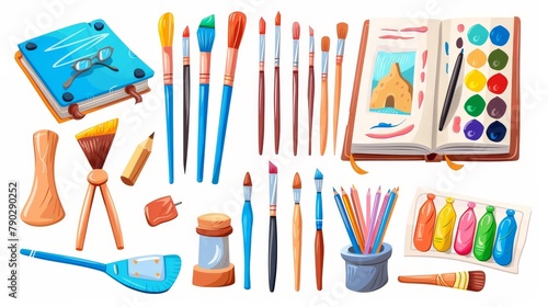 A cartoon modern illustration set of drawing equipment and stuff for painting hobbies or artist studios - sketchbook with picture, pencil, eraser, brush, paint spot and spatula.