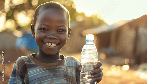 A young boy is smiling and holding a bottle of water photo