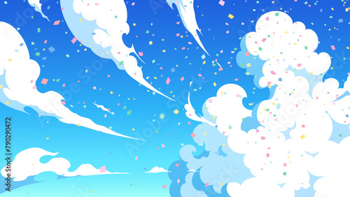 スピード感のある空に紙吹雪が舞うの背景イラスト_16:9