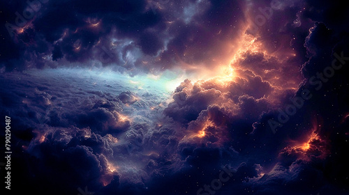 Subtle streams of light flowing through thick misty clouds, illuminating the dark night sky. 